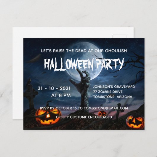 Invitation Carte Postale Pleine lune main Zombie Déplaisant Halloween Party (Devant / Derrière)