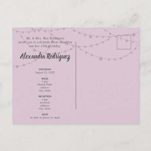 Invitation Carte Postale Plum de sucre et acier Charro Silhouette Quinceane (Dos)