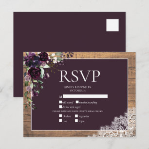 Invitation Carte Postale Plum Purple Floral Dentelle en bois Rustique Maria