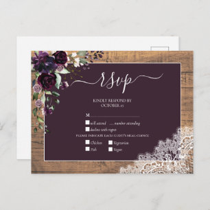 Invitation Carte Postale Plum Purple Floral Script dentelle Bois Mariage RS