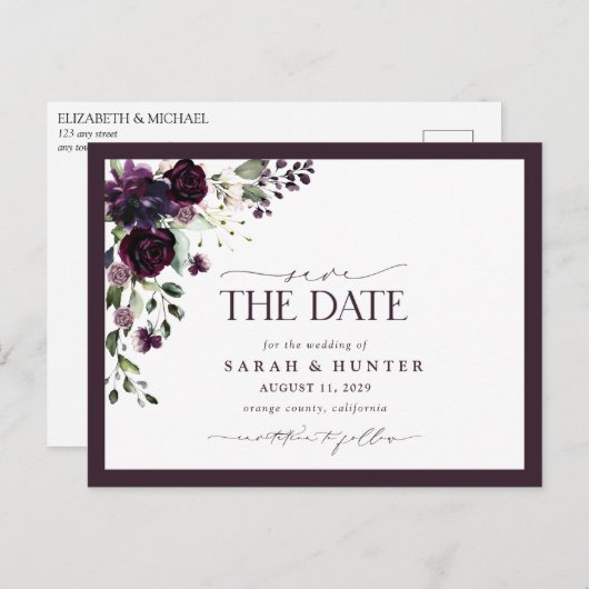 Invitation Carte Postale Plum Purple Floral Script Mariage Enregistrer La D (Devant / Derrière)