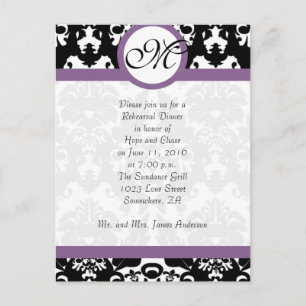 Invitation Carte Postale Plum Trim Black Damask Hearts Rehearsal Dîner