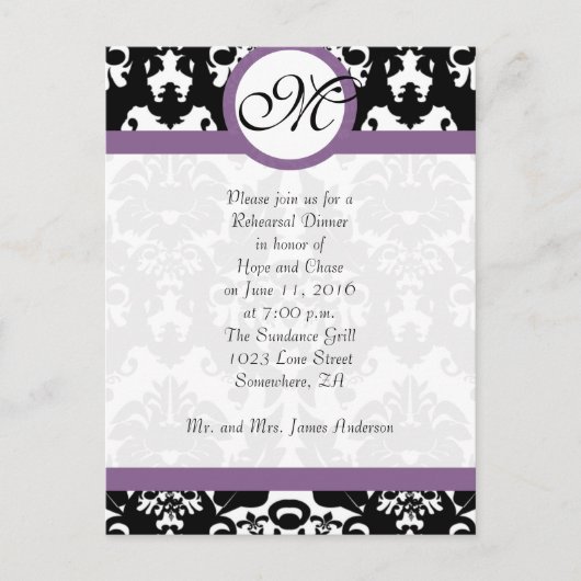 Invitation Carte Postale Plum Trim Black Damask Hearts Rehearsal Dîner (Devant)