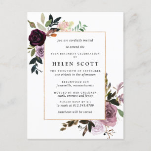 Invitation Carte Postale Plum violet mauve rose floral 80e anniversaire