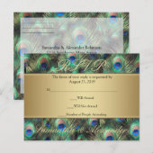 Invitation Carte Postale Plumes de paon d'or Réponse RSVP (Devant / Derrière)