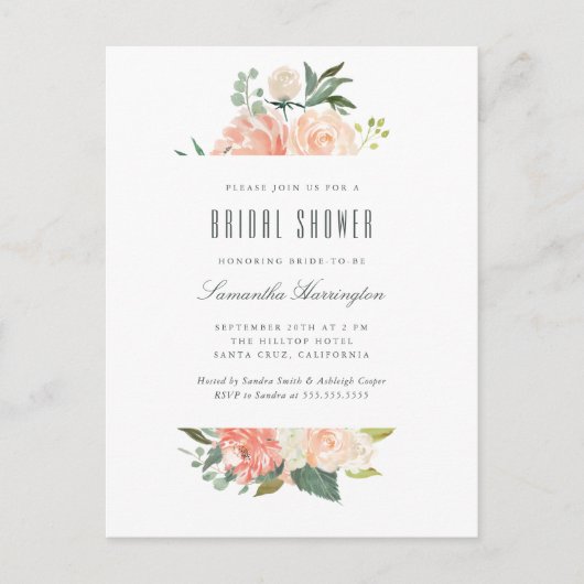 Invitation Carte Postale Poche et crème Aquarelle Fête des mariées florale (Devant)