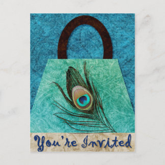 Invitation carte postale pochette plume de paon