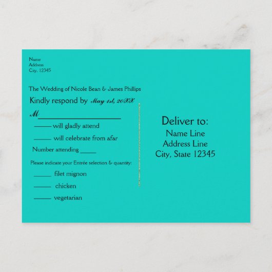 Invitation Carte Postale Points Confetti bleu et or turquoise RSVP (Dos)