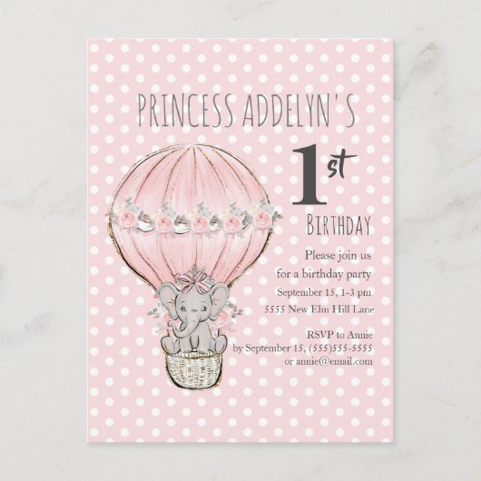 Invitation Carte Postale Points de ballon rose Princesse Eléphant 1er anniv (Devant)