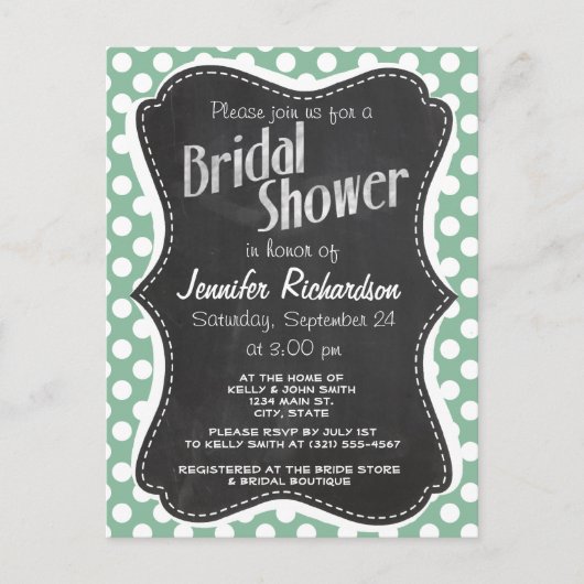 Invitation Carte Postale Pois vert de la mer foncée; Retro Chalkboard look (Devant)
