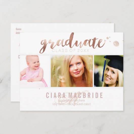 Invitation Carte Postale Police de script Gold PixDezines Graduation/Rose (Devant / Derrière)