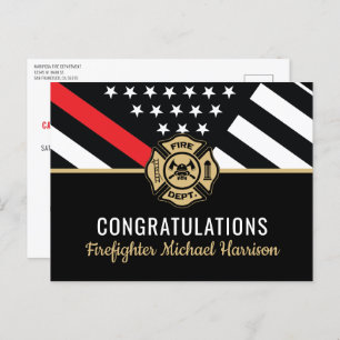 Invitation Carte Postale Pompier Fire Academy Red Line Drapeau Graduation