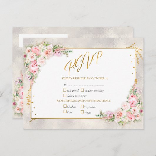Invitation Carte Postale Pony rose Floral Or Script & Frame RSVP (Devant / Derrière)