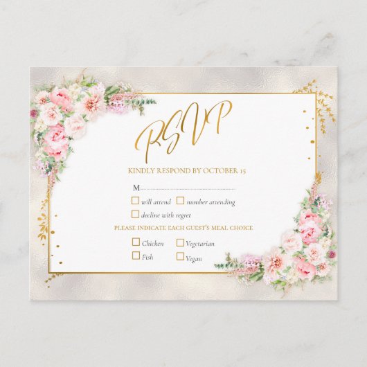 Invitation Carte Postale Pony rose Floral Or Script & Frame RSVP (Devant)