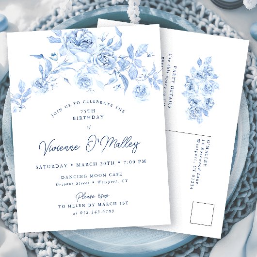 Invitation Carte Postale POSTCARD INVITE 75th Birthday Dusty Blue Floral