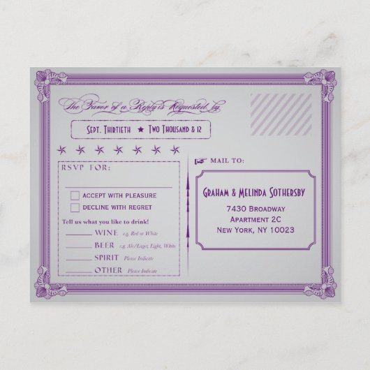 Invitation Carte Postale Poster violet et gris RSVP avec choix de boisson (Dos)