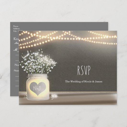 Invitation Carte Postale Pot de fleurs en bocal mason lumineux & réponse RS (Devant / Derrière)
