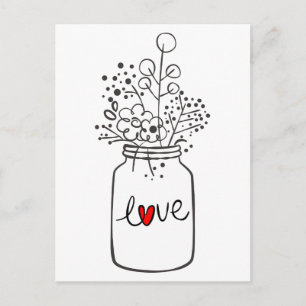 Invitation Carte Postale Pot de fleurs Mason Jar Cœur Rouge Mariage Fête d'
