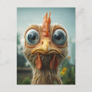 Invitation Carte Postale Poulet Drôle aux Grands Yeux en Gros Plan