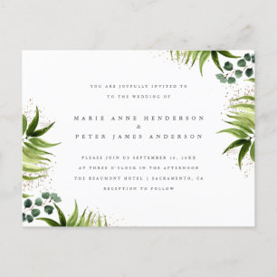 Invitation Carte Postale Poussière d'or et verdure tropicale Mariage botani