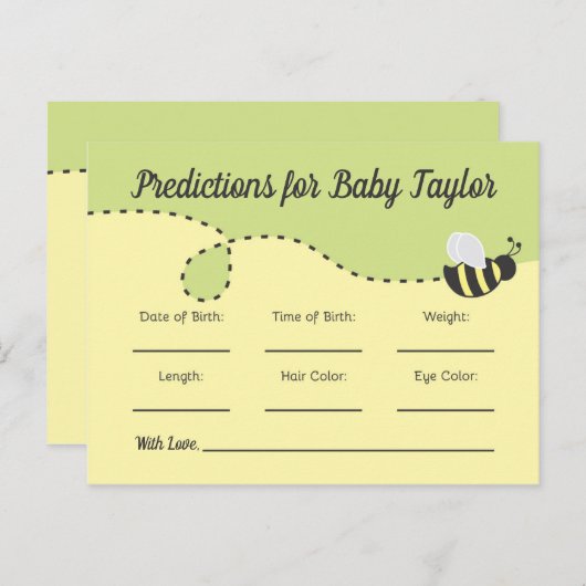 Invitation Carte Postale Prédictions de baby shower Bumblebee jaune et vert (Devant / Derrière)