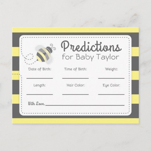 Invitation Carte Postale Prédictions pour Baby Shower Bumblebee jaune et no (Devant)