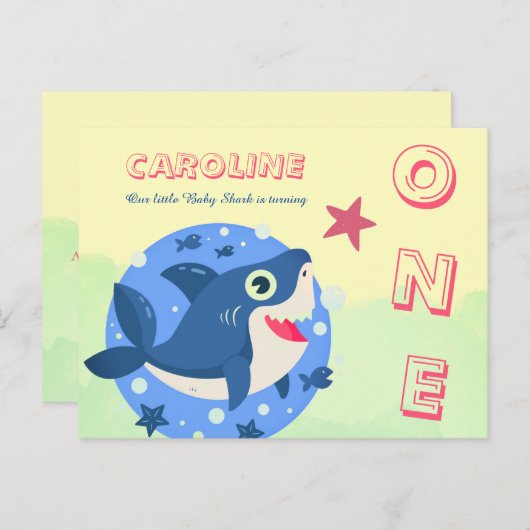 Invitation Carte Postale Premier anniversaire mignon petit requin océanique (Devant / Derrière)