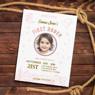 Invitation Carte Postale Premier Rodéo Vachette Rose Première Fête d'Annive