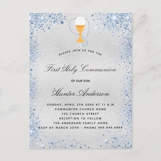 Invitation Carte Postale Première communion bleu argent garçon (Devant)