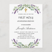 Invitation Carte Postale Première communion lavande eucalyptus fleurs viole (Devant)