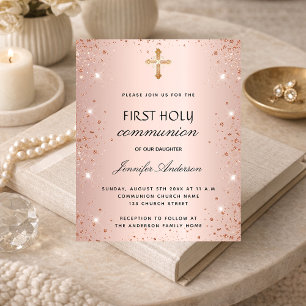 Invitation Carte Postale Première communion rose gold pailleté fille