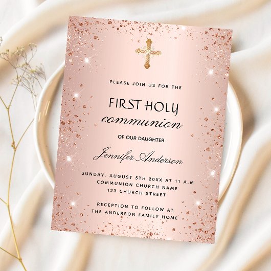 Invitation Carte Postale Première communion rose parties scintillant or fil