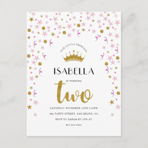 Invitation Carte Postale Princesse 2e anniversaire Confetti or et rose
