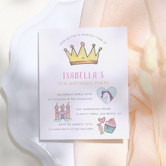 Invitation Carte Postale Princesse Licorne & Château Fête d'anniversaire Co