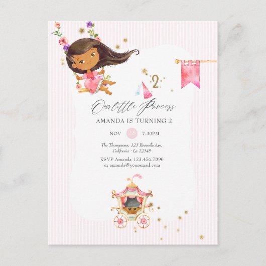 Invitation Carte Postale Princesse rose et or Fille 2e fête d'anniversaire (Devant)