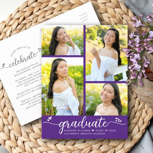 Invitation Carte Postale Purple 4 Photo Graduation Modern Script Hearts