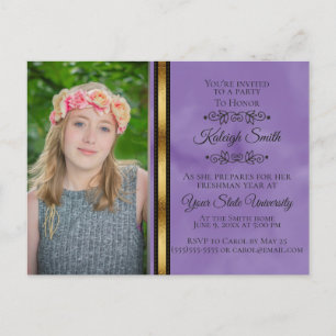 Invitation Carte Postale Purple Black Gold Photo College Trunk Party