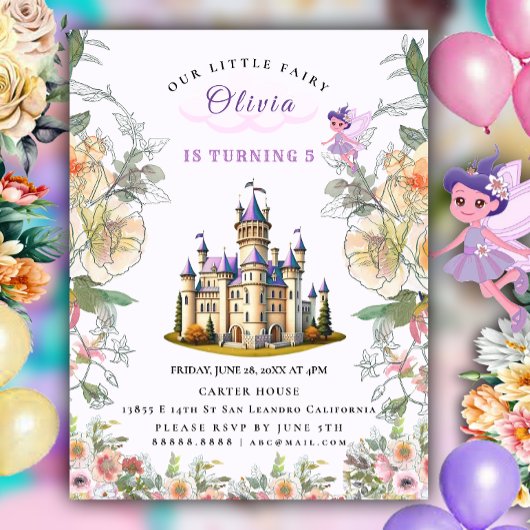 Invitation Carte Postale Purple Castle Fairytale Anniversaire Thème avec Fa