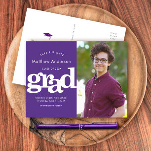 Invitation Carte Postale Purple enregistrer date de graduation photo bold t