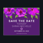 Invitation Carte Postale Purple Enregistrer la date Bat mitzvah aquarelle f<br><div class="desc">Assurez-vous que tous vos amis et parents pourront célébrer le Bat mitzvah de votre fille! Envoyez cette aquarelle chic, étonnante, rose violet couleur florale avec le type san serif moderne contre un arrière - plan violet de prune foncée, personnalisée "Save the Date" carte postale faire-part. Personnalisez le texte personnalisé avec...</div>