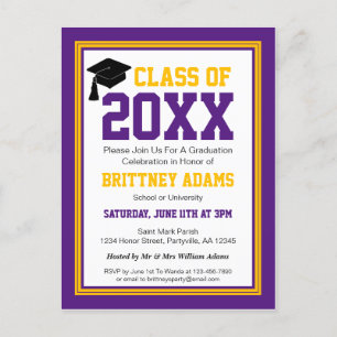 Invitation Carte Postale Purple et Gold Graduation Party