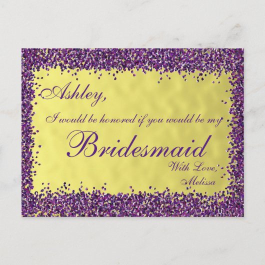 Invitation Carte Postale Purple et Gold - Serez-vous ma servante d'honneur? (Devant)