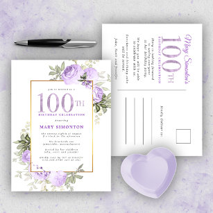 Invitation Carte Postale Purple Gold Floral 100e anniversaire de fête Invit