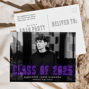 Invitation Carte Postale Purple Neon Classe de 2025 Photo Graduation Party