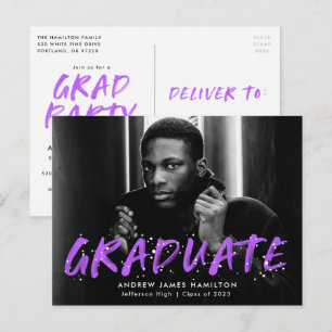 Invitation Carte Postale Purple Paint Splatter Photo Graduation Party