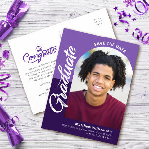 Invitation Carte Postale Purple Save Date Graduation Photo Bold Arch Script