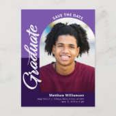 Invitation Carte Postale Purple Save Date Graduation Photo Bold Arch Script (Devant)