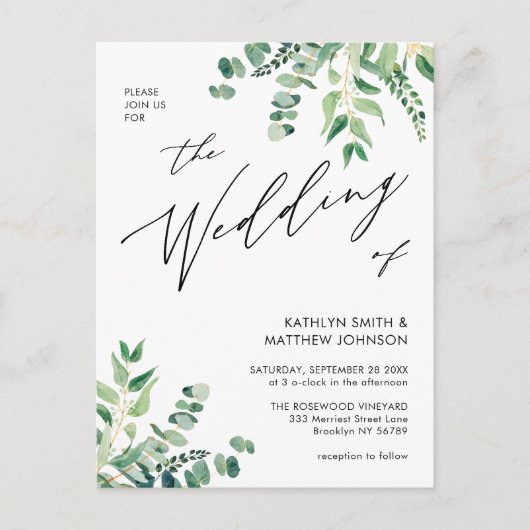 Invitation Carte Postale QR Code tout en un Mariage de verdure Eucalyptus (Devant)