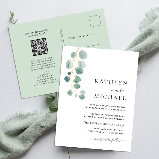 Invitation Carte Postale QR Code tout en un Mariage vert Eucalyptus moderne
