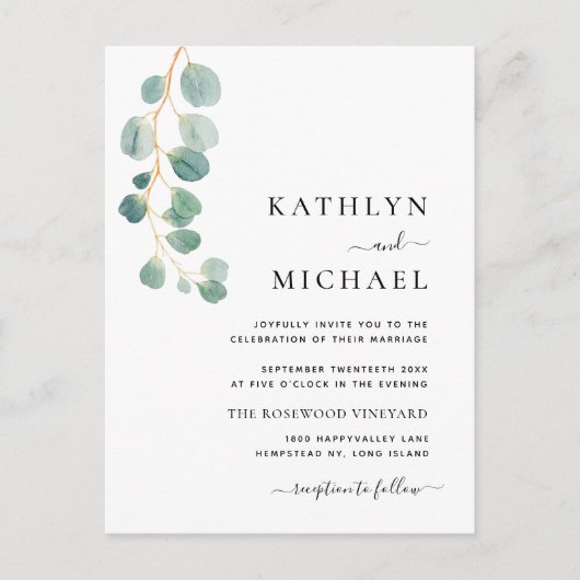 Invitation Carte Postale QR Code tout en un Mariage vert Eucalyptus moderne (Devant)